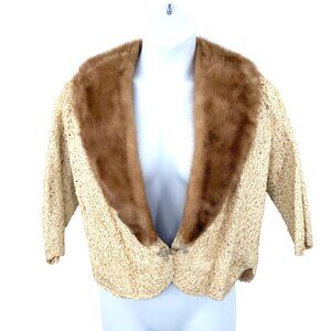 VINTAGE BEIGE FUR COLLAR IVORY FLORAL PATTERN RIBBON DESIGN 3/4 SLEEVE COAT - L